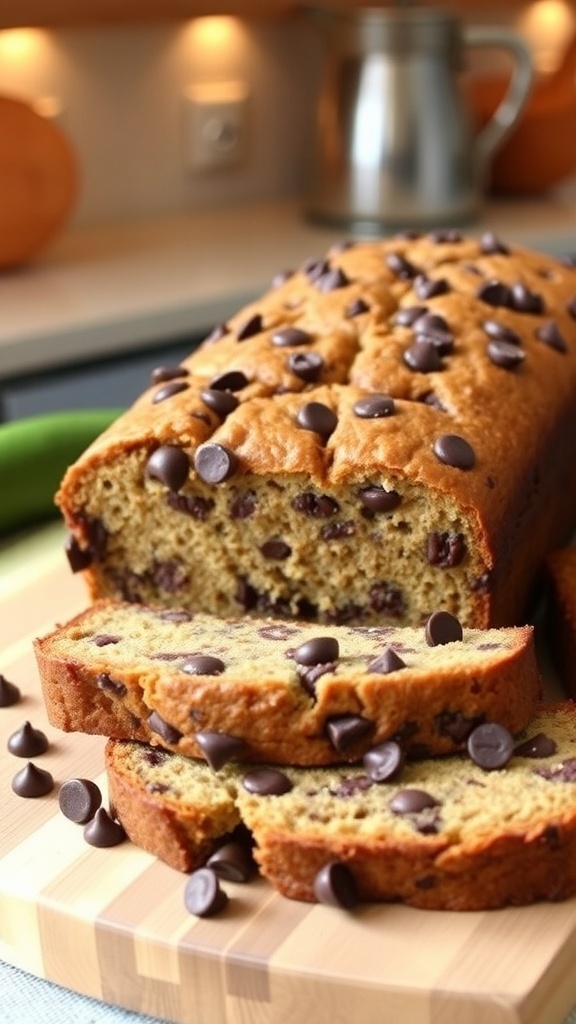 Sliced chocolate chip zucchini bread on a cutting board, showcasing its moist texture and chocolate chips.